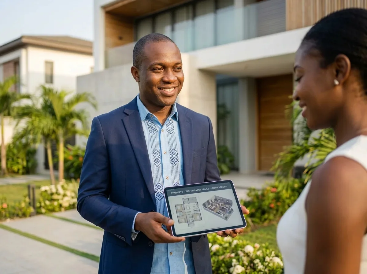 An agent showing a client a property tour on a tablet outside a verified listing